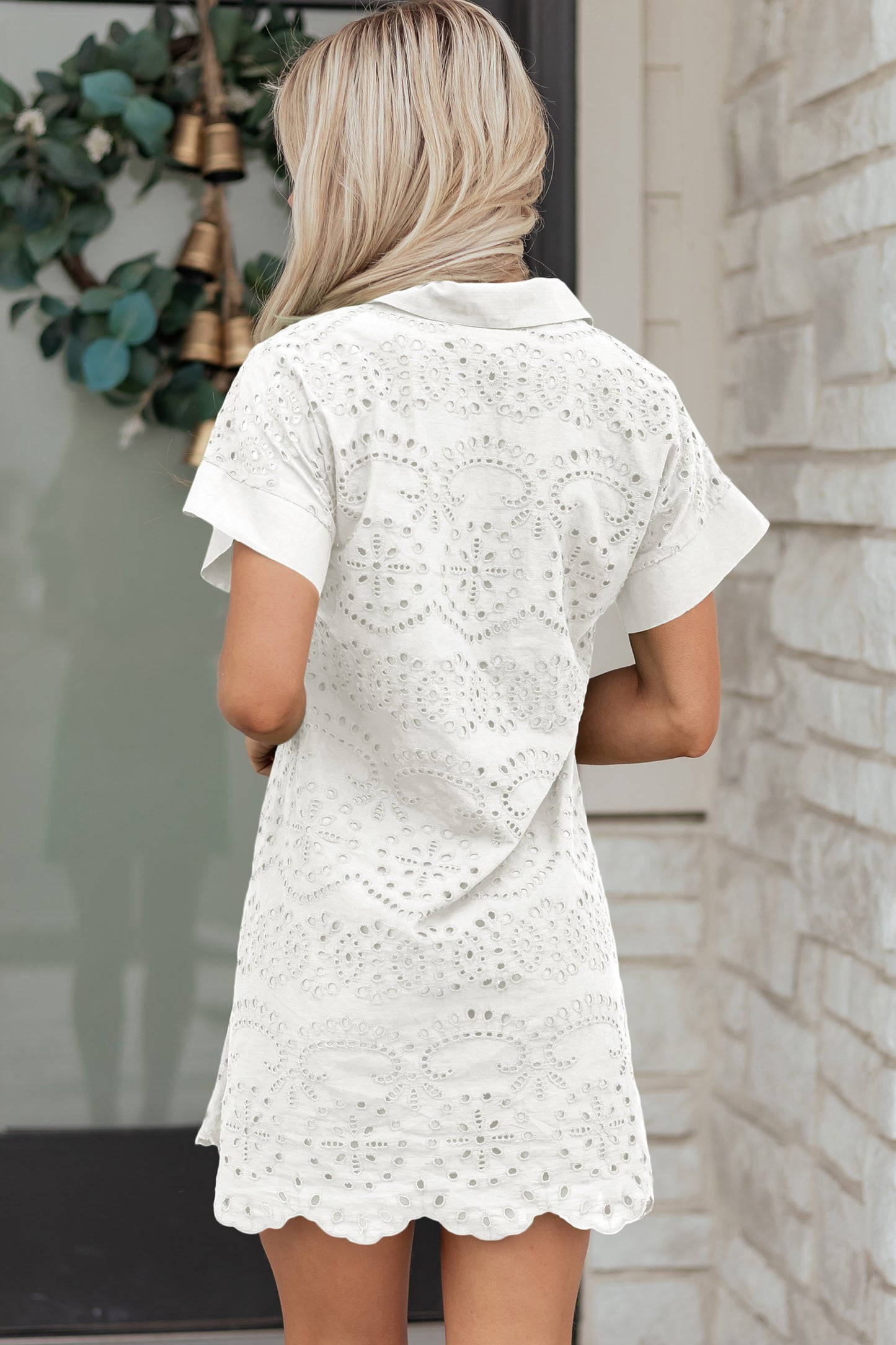 Green Solid Color Eyelet Embroidered T Shirt Mini Dress
