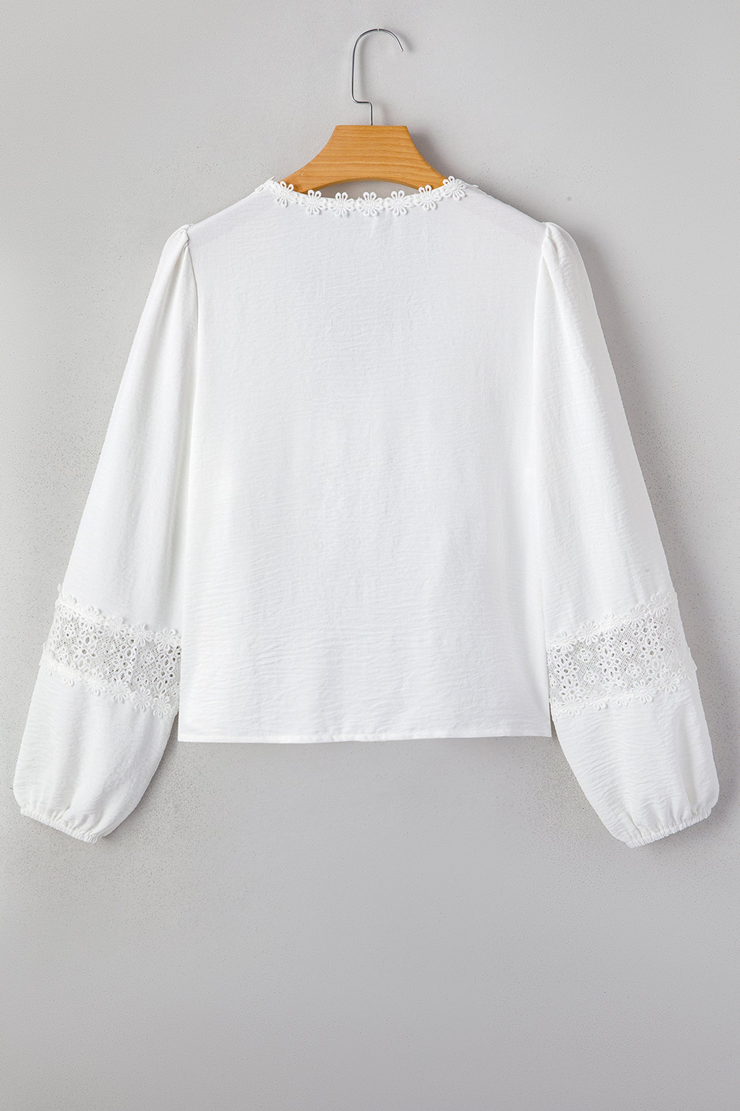 White Solid Color Floral Guipure Lace Patchwork Frilled Long Sleeve Blouse