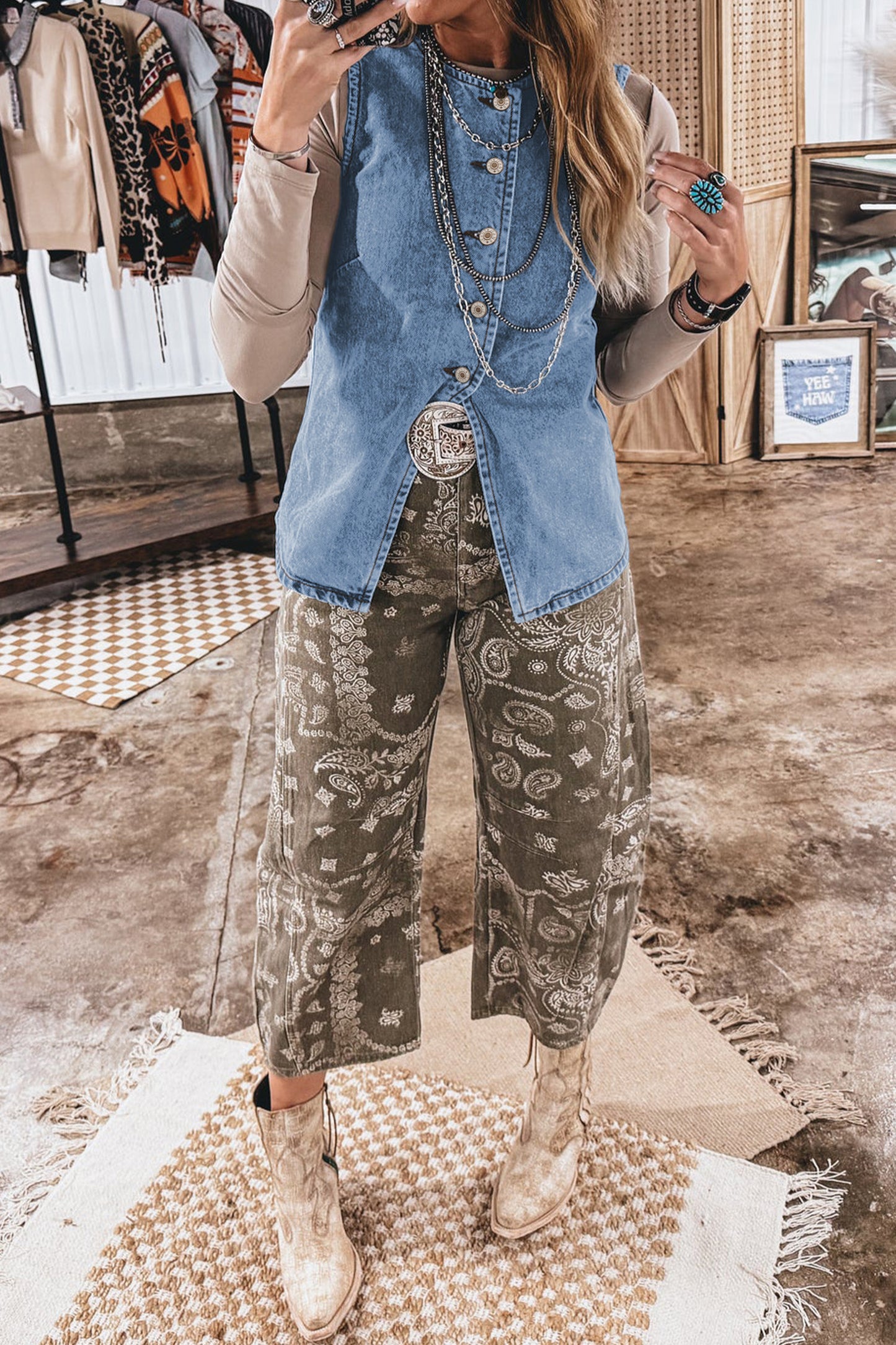Solid Denim Vest Western Button Front Layering Top