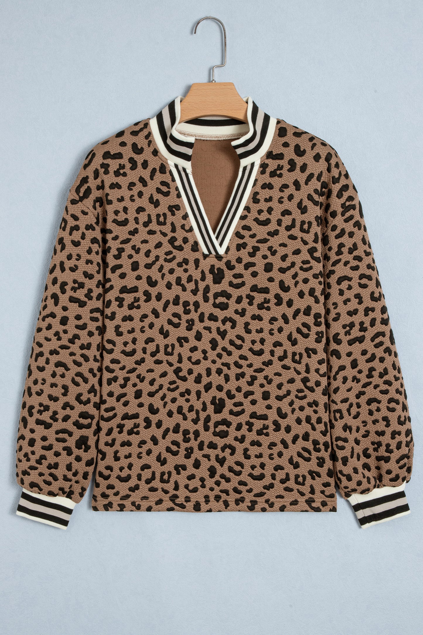 Brown Leopard Print Striped Trim Collar Long Sleeve Shift Pullover