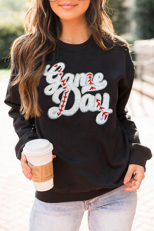 Black Sequined Game Day Graphic Crew Neck Sweatshirt
