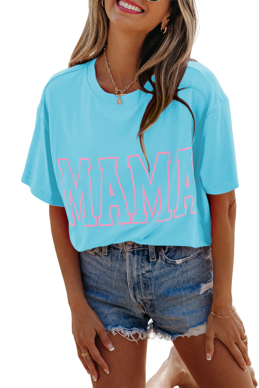 Light Blue MAMA Letter Graphic Neon T Shirt