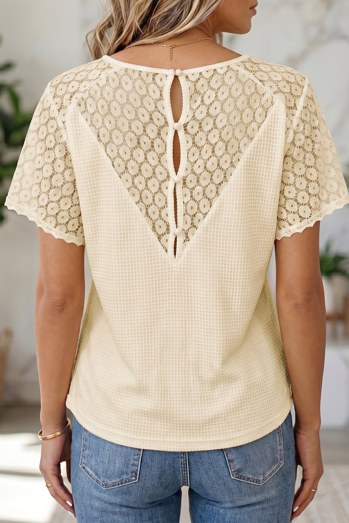 Patchwork Lace Viscose Blend Blouse Casual V-Neck Shift Top