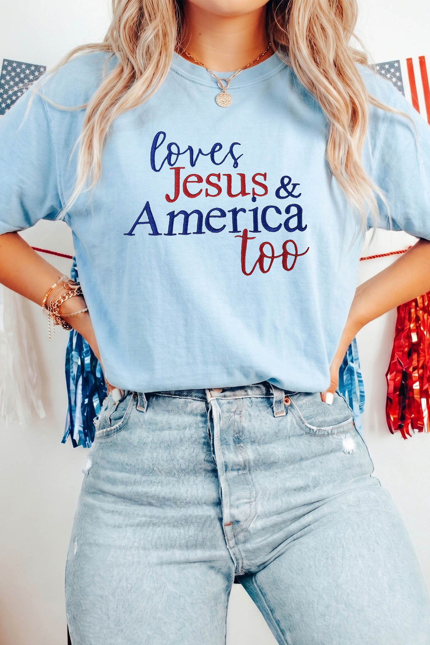 Light Blue Loves Jesus & America Too Patriotic Slogan Embroidered T Shirt