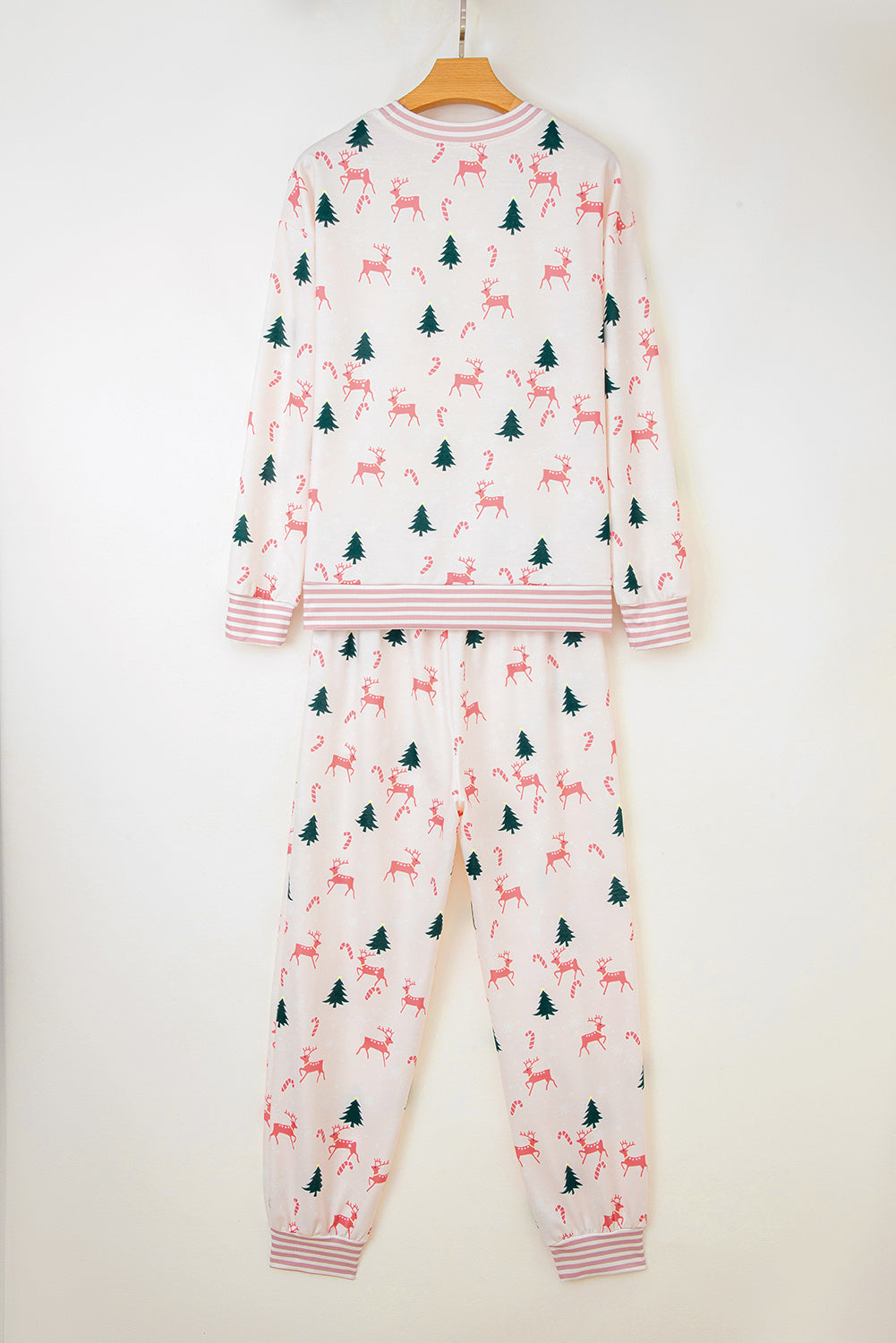 Green Bow Christmas Tree Print Contrast Striped Banding 2pcs Lounge Set