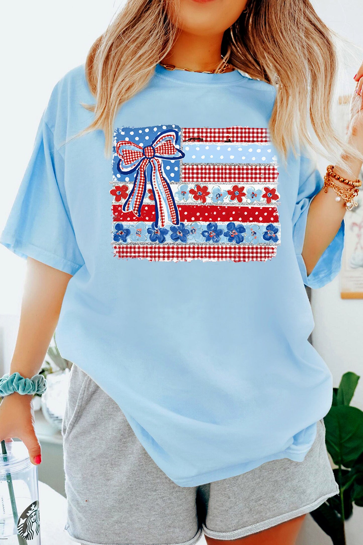 Independence Day Cotton Graphic Tee Casual Flag Print