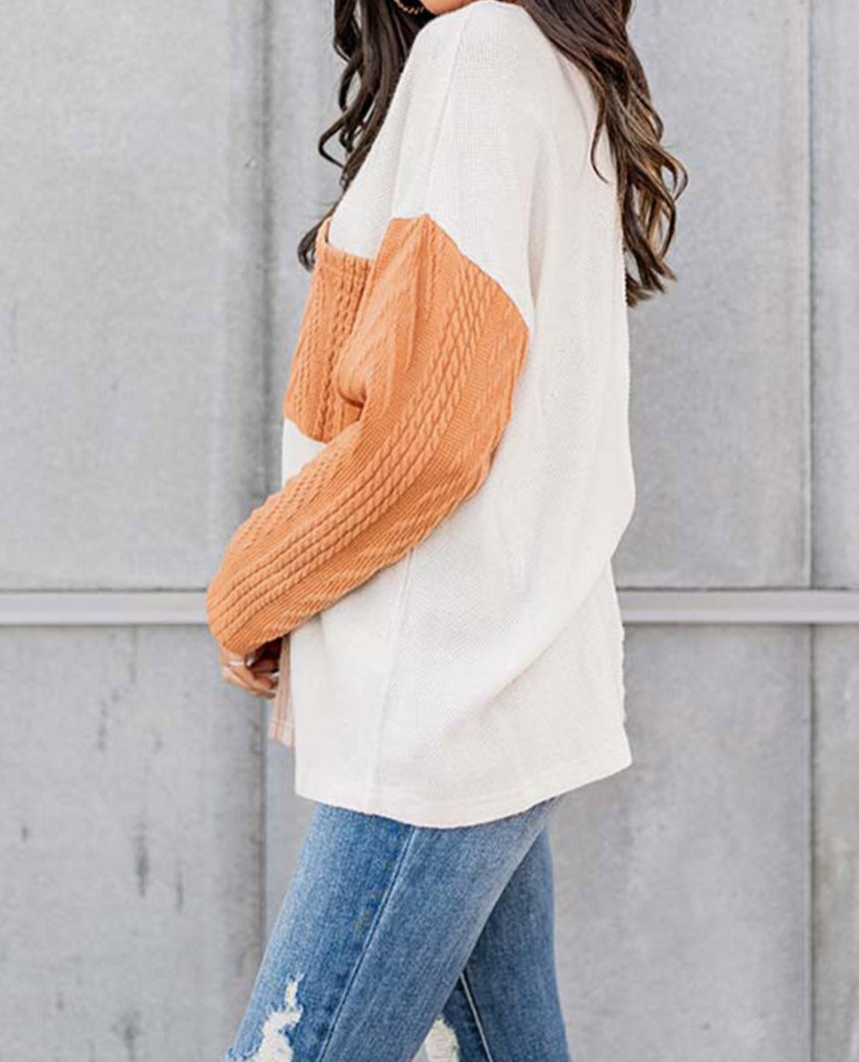 Orange Long Sleeve Colorblock Chest Pocket Textured Knit Top