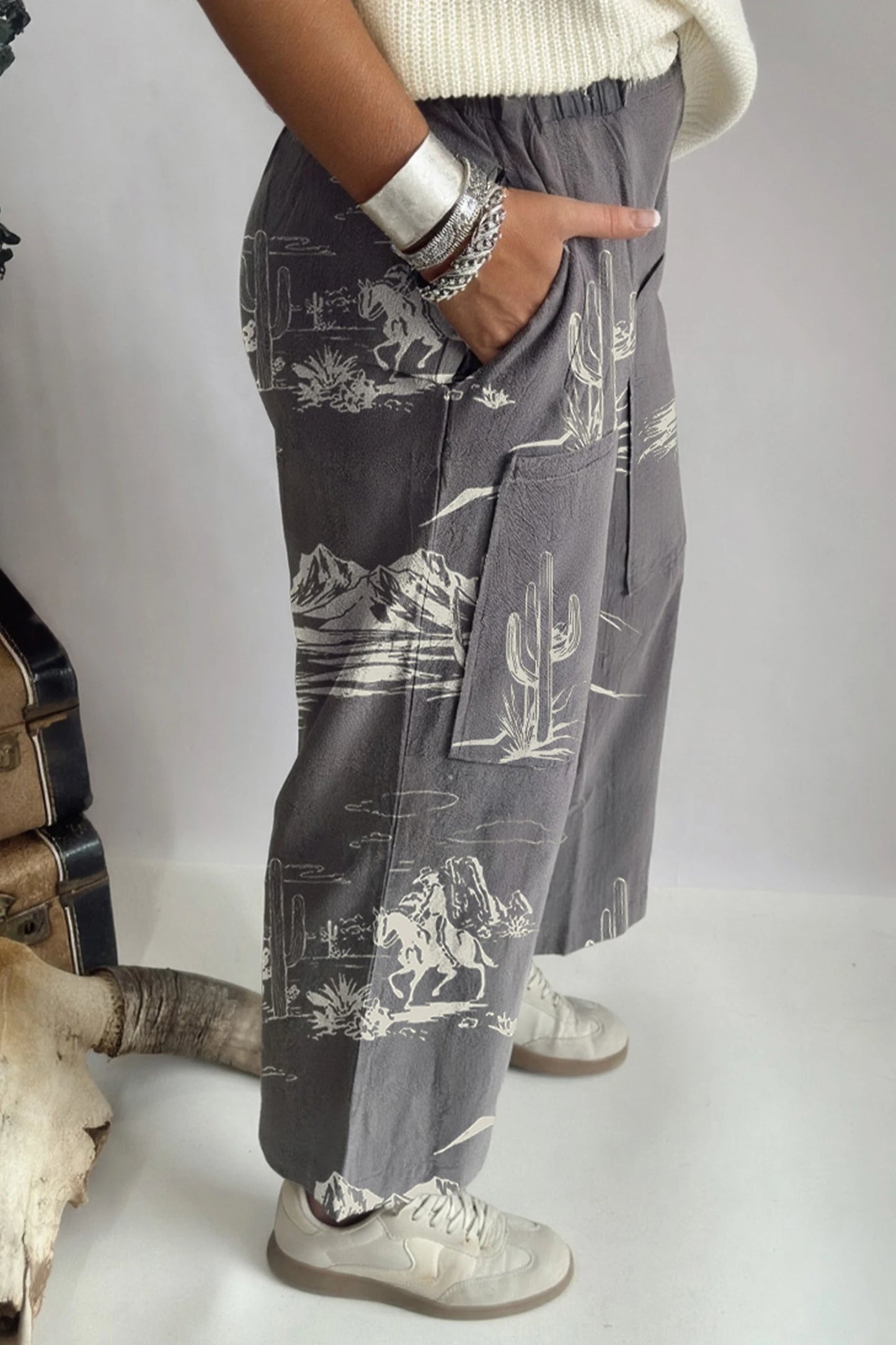 Gray Wild West Riding Vintage Printed Shift Jeans