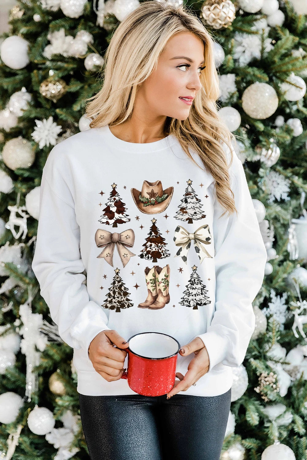 White Cowgirl Bow Christmas Tree Print Drop Shoulder Sweatshirt