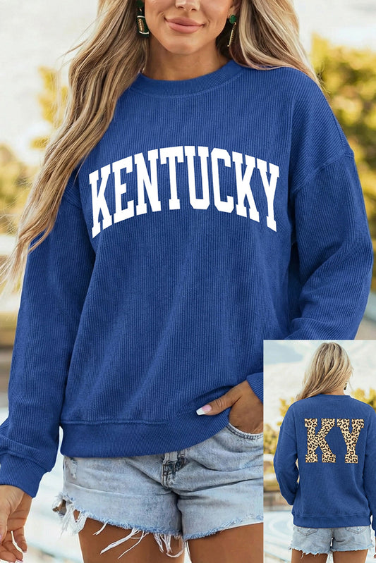 Dark Blue Raised Rib KENTUCKY/ Leopard KY Printed Sweatshirt