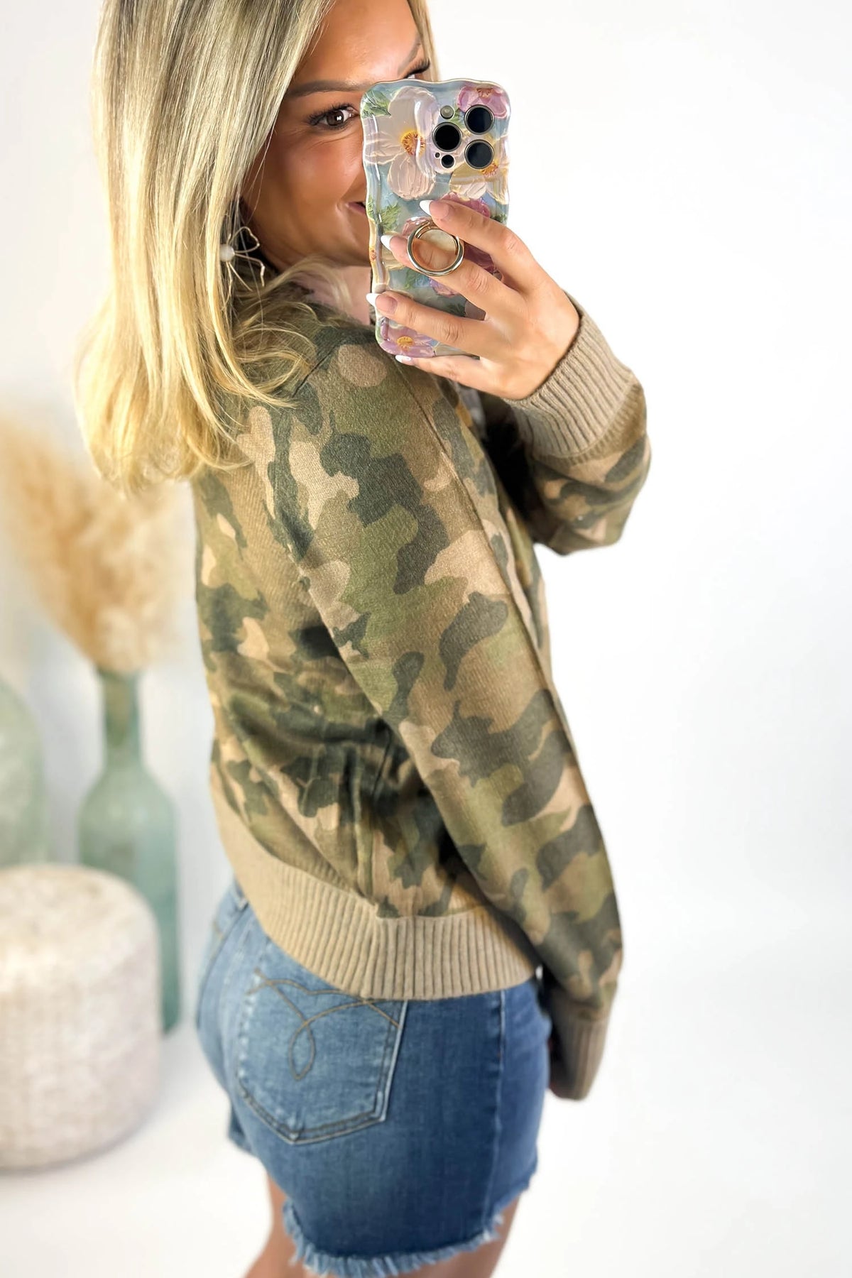 Green Camouflage Knit Ribbed Trim Round Neck Button Sweater Cardigan