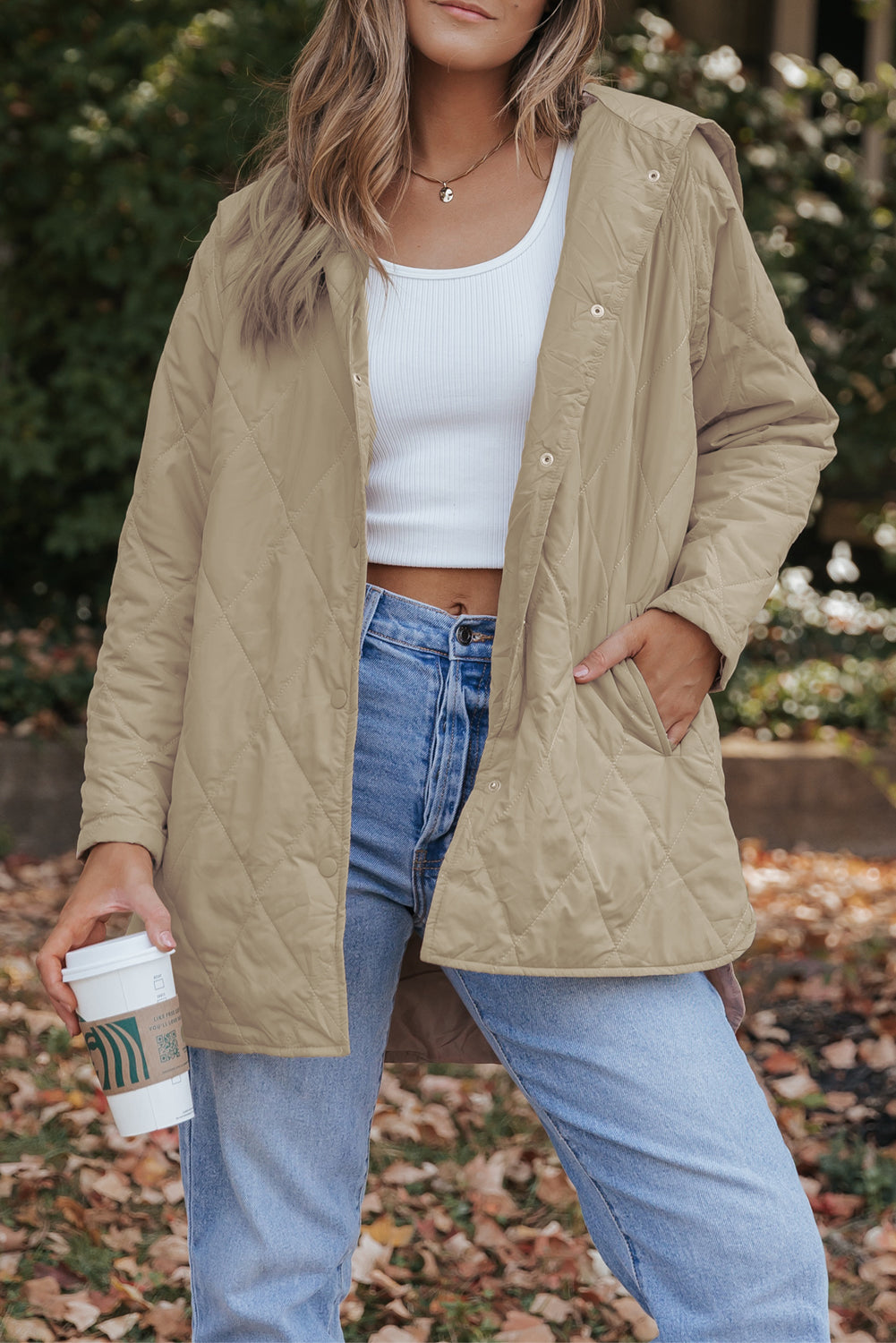 Beige Quilted Snap Button Hooded Coat