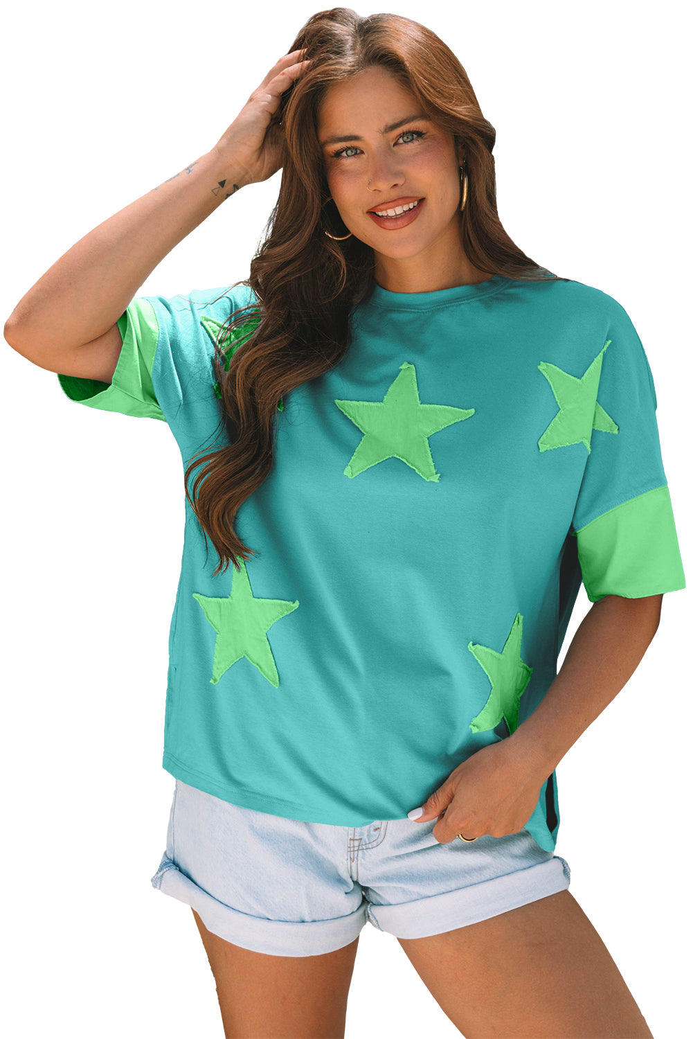 Smoke Green Frayed Denim Star Patched Oversize T Shirt