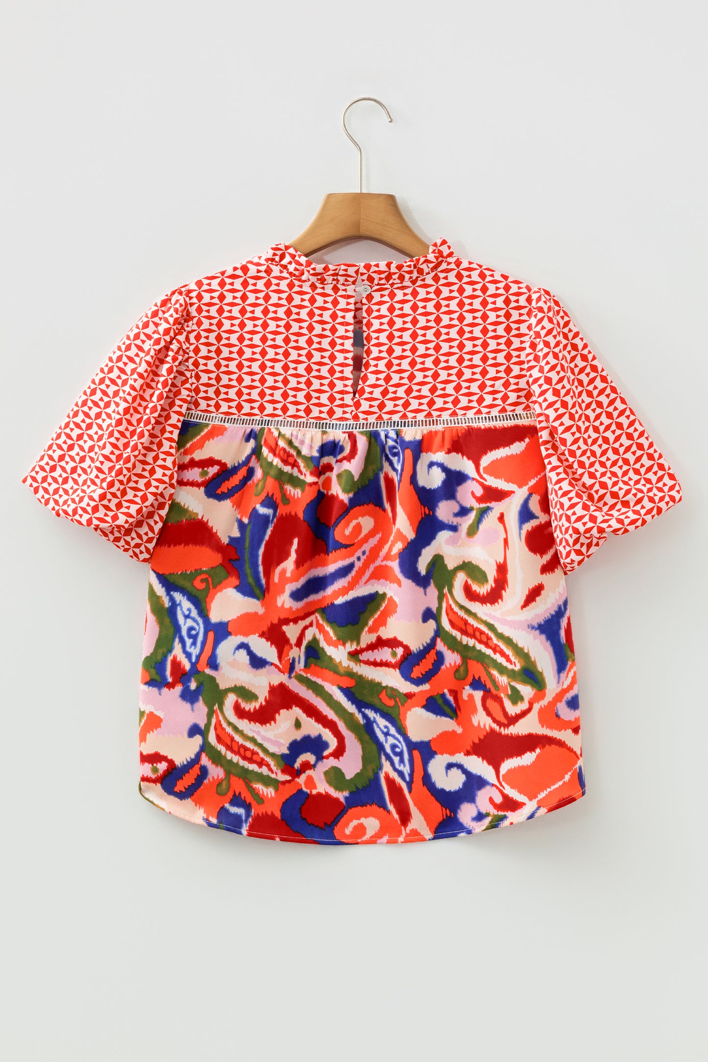 Patchwork Abstract Blouse Boho Puff Sleeve Top