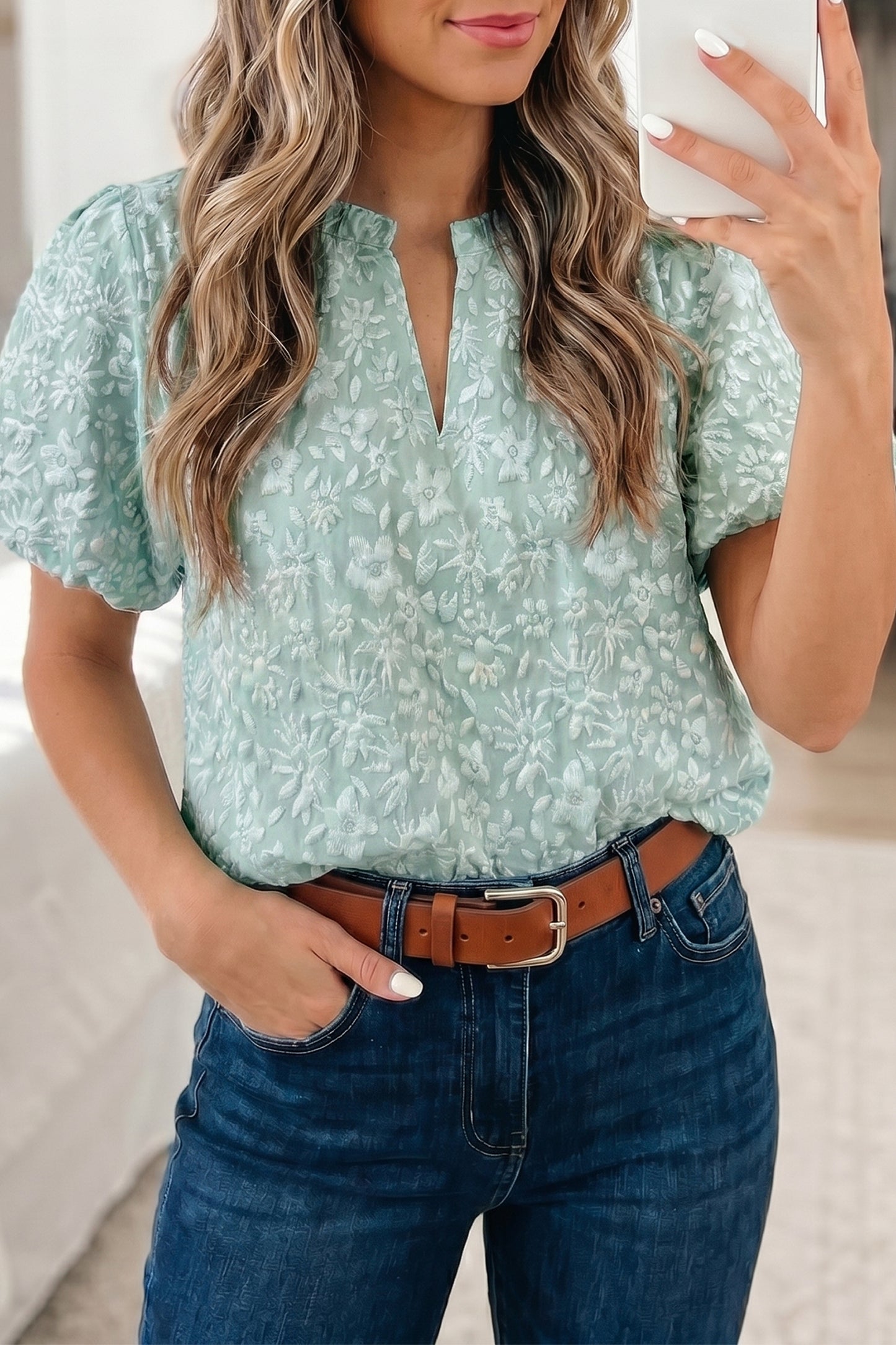 Floral Jacquard Western Blouse Puff Sleeve Top