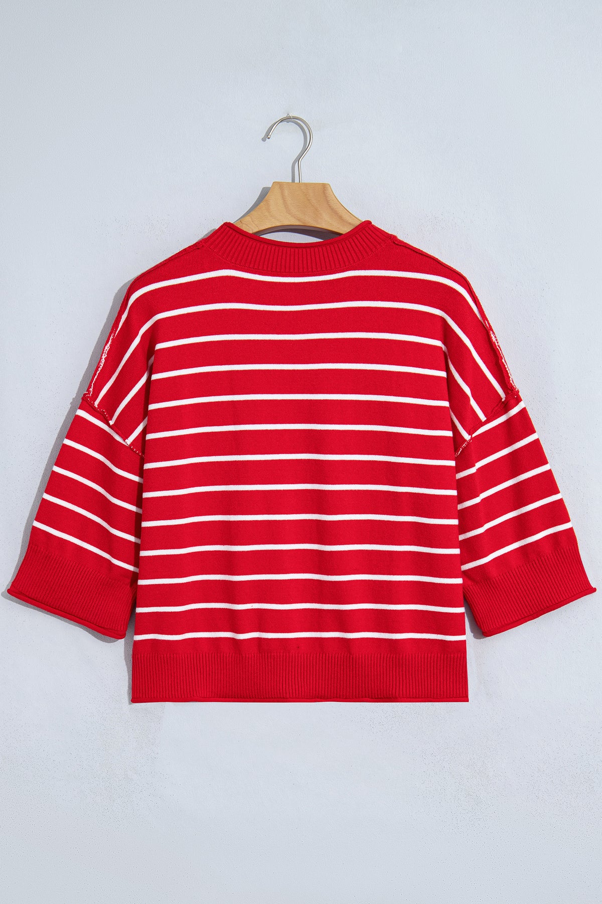 Red Stripe Dropped Shoulder Half Sleeve Relaxed Knit Sweater