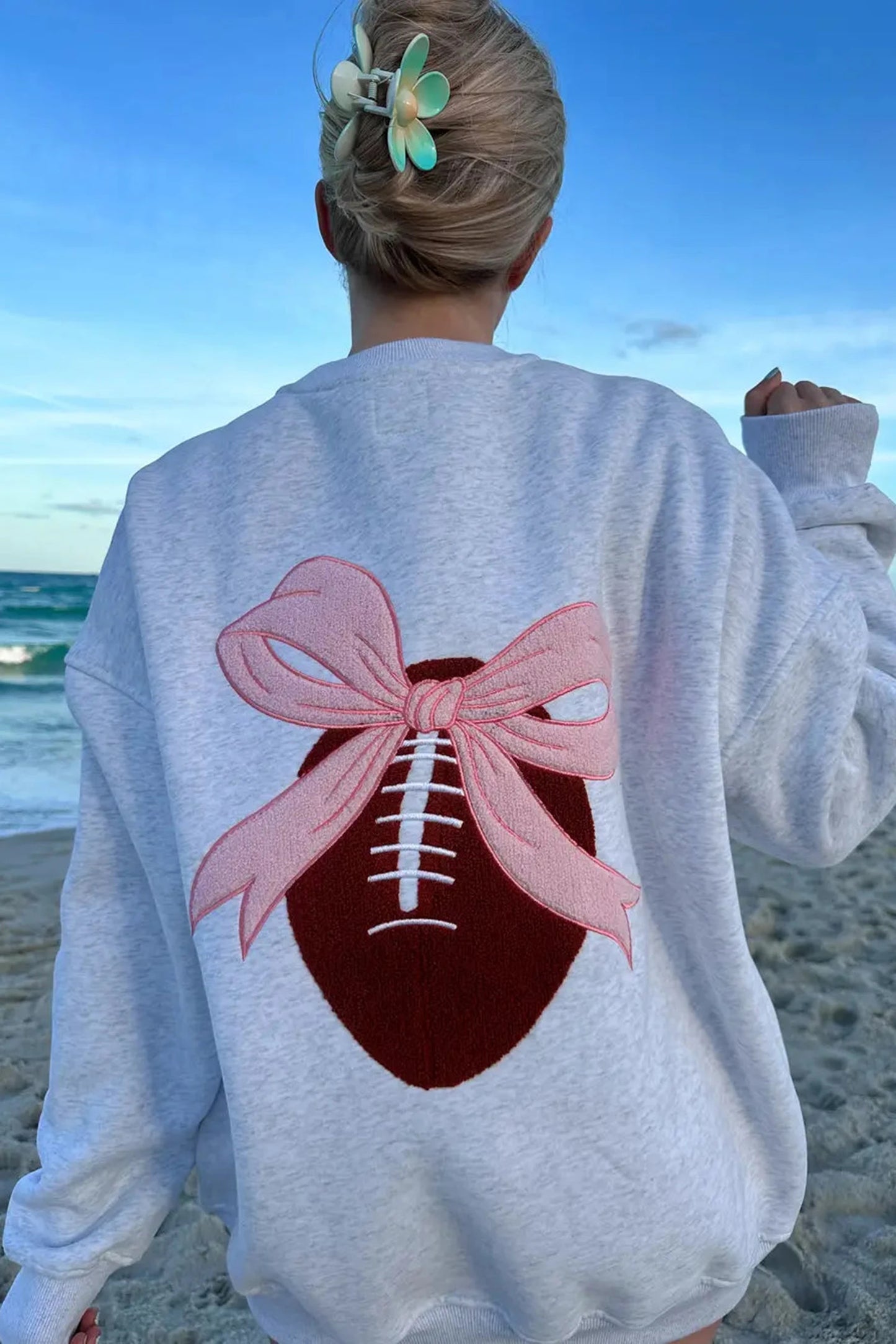 Embroidered Football Bow Back Long Sleeve Tunic Sweatshirt