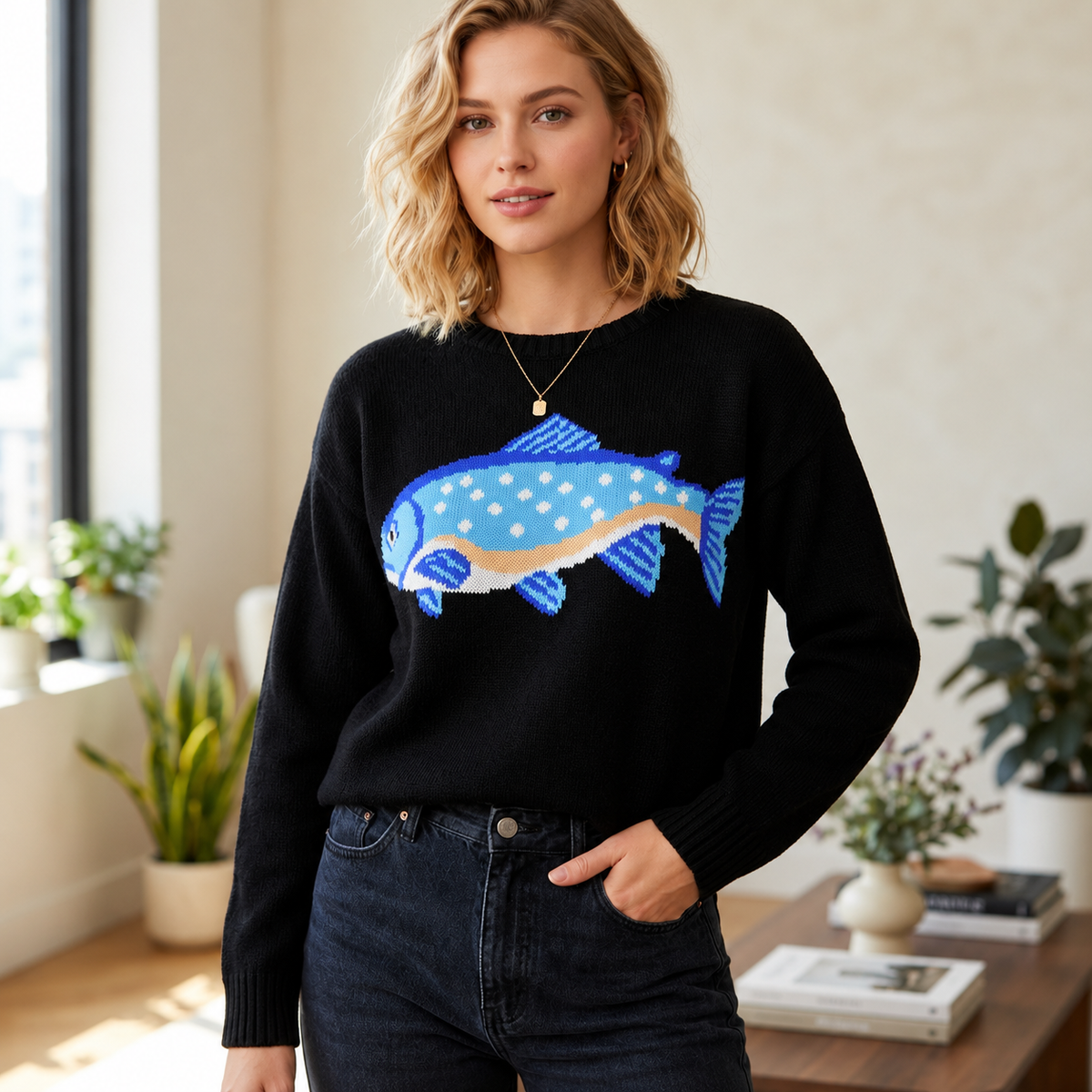 Women's Oversized Crew Neck Fish Graphic Knit Sweater