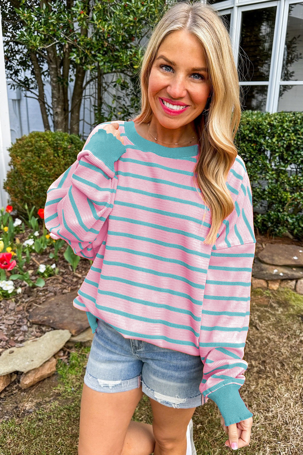 Brown Stripe Trimmed Round Neck Drop Shoulder Loose Sweater