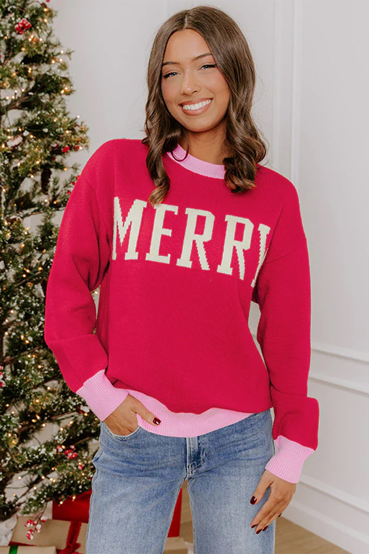 Red Drop Shoulder Round Neck Letter Print Colorblock Sweater