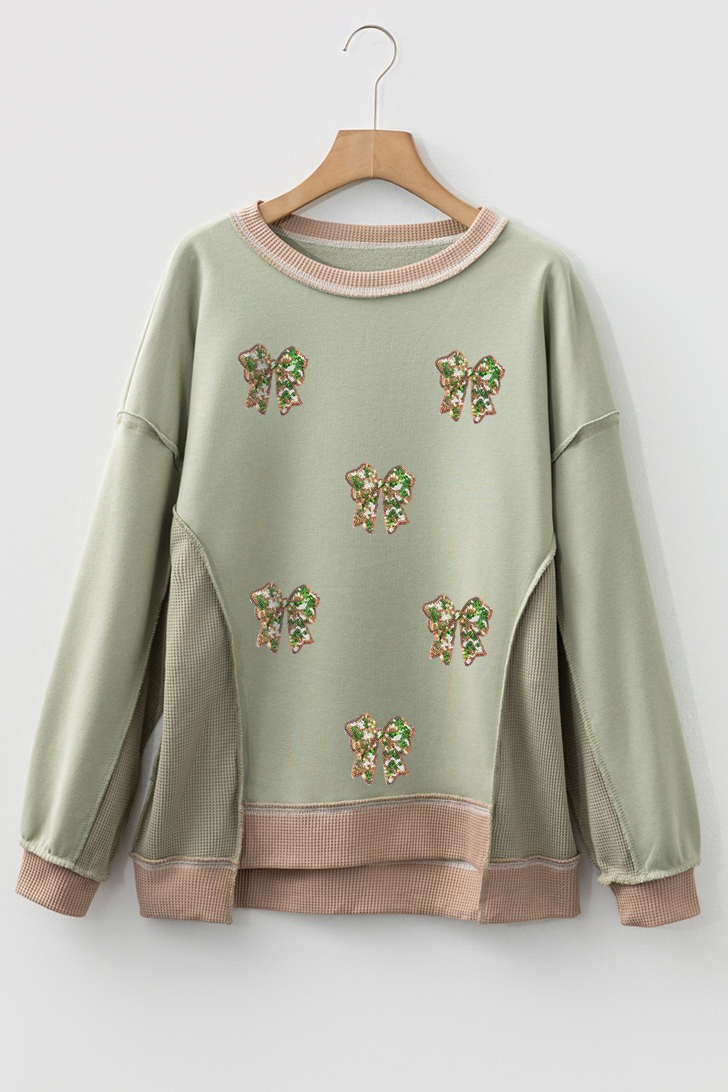 Smoke Green Sequin Bow Patchwork Waffle Colorblock Loose Sweatshirt