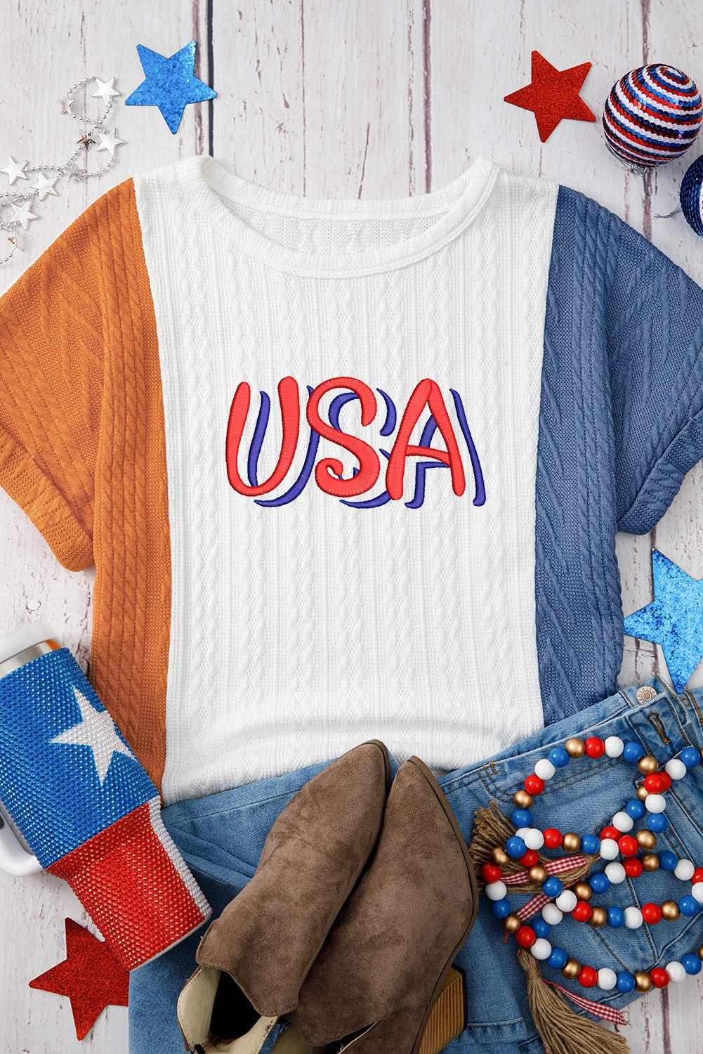 Light Blue USA Embroidered Cable Textured Knit Cuffed Sleeve Colorblock Tee