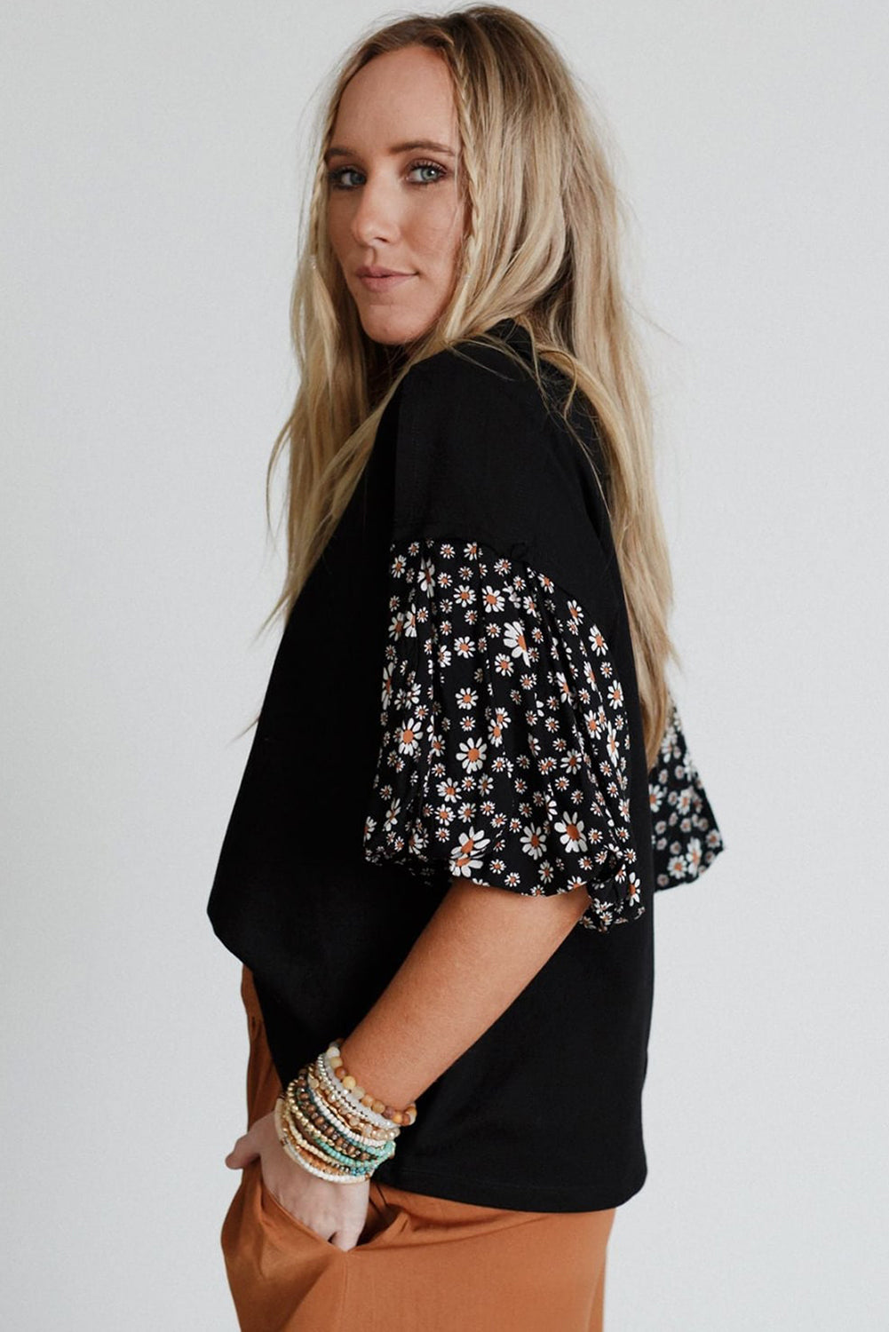 White Contrast Floral Puff Sleeve Oversized Top