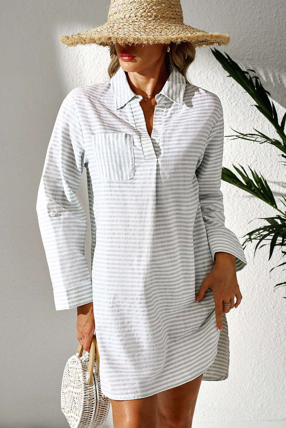 Stripe Collared V Neck Chest Pocket Long Sleeve Beach Cover up