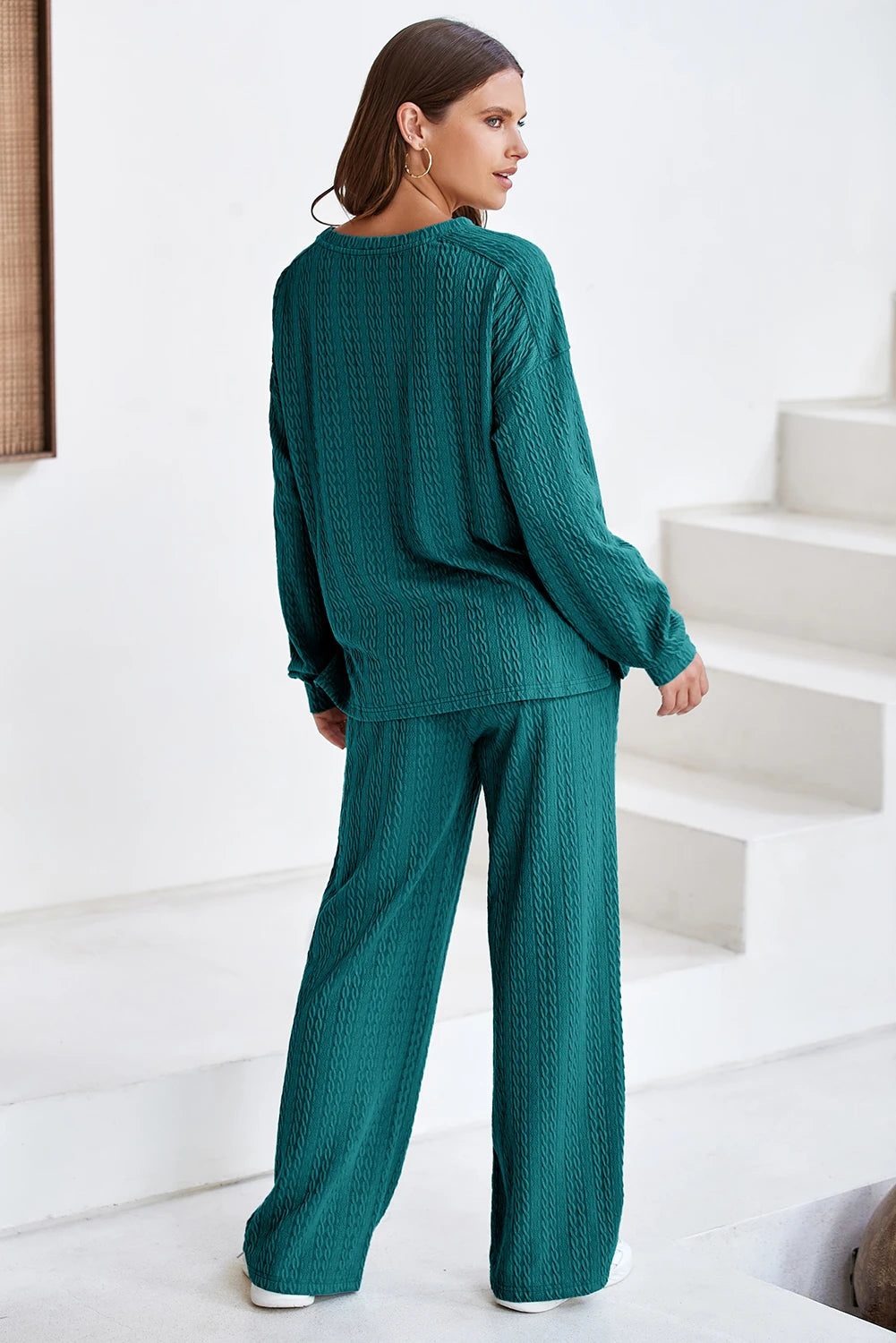 Textured Round Neck Sweatshirt & Loose Drawstring High Waist Pant Set