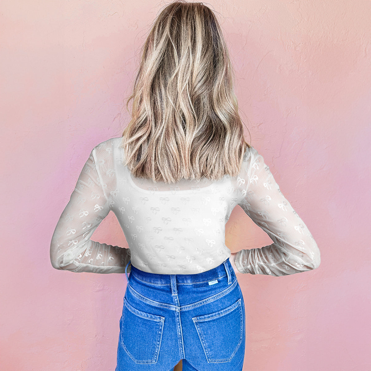 Black Mesh Bow Pattern Long Sleeve Top