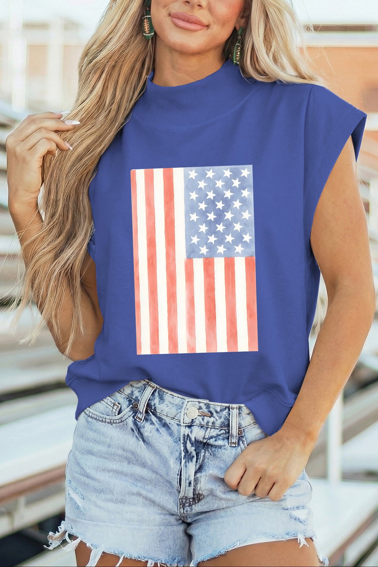 Sky Blue Retro American Flag Printed Mock Neck Tee