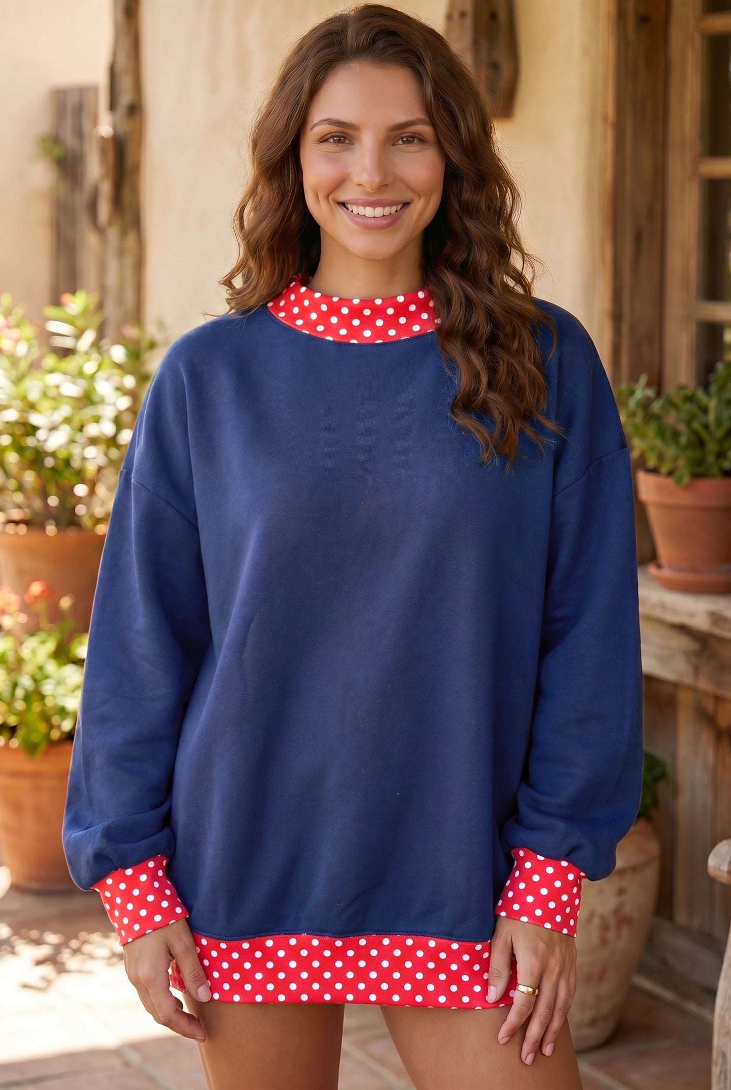 Racing Red Colorblock Polka Dot Contrast Trim Oversized Sweatshirt