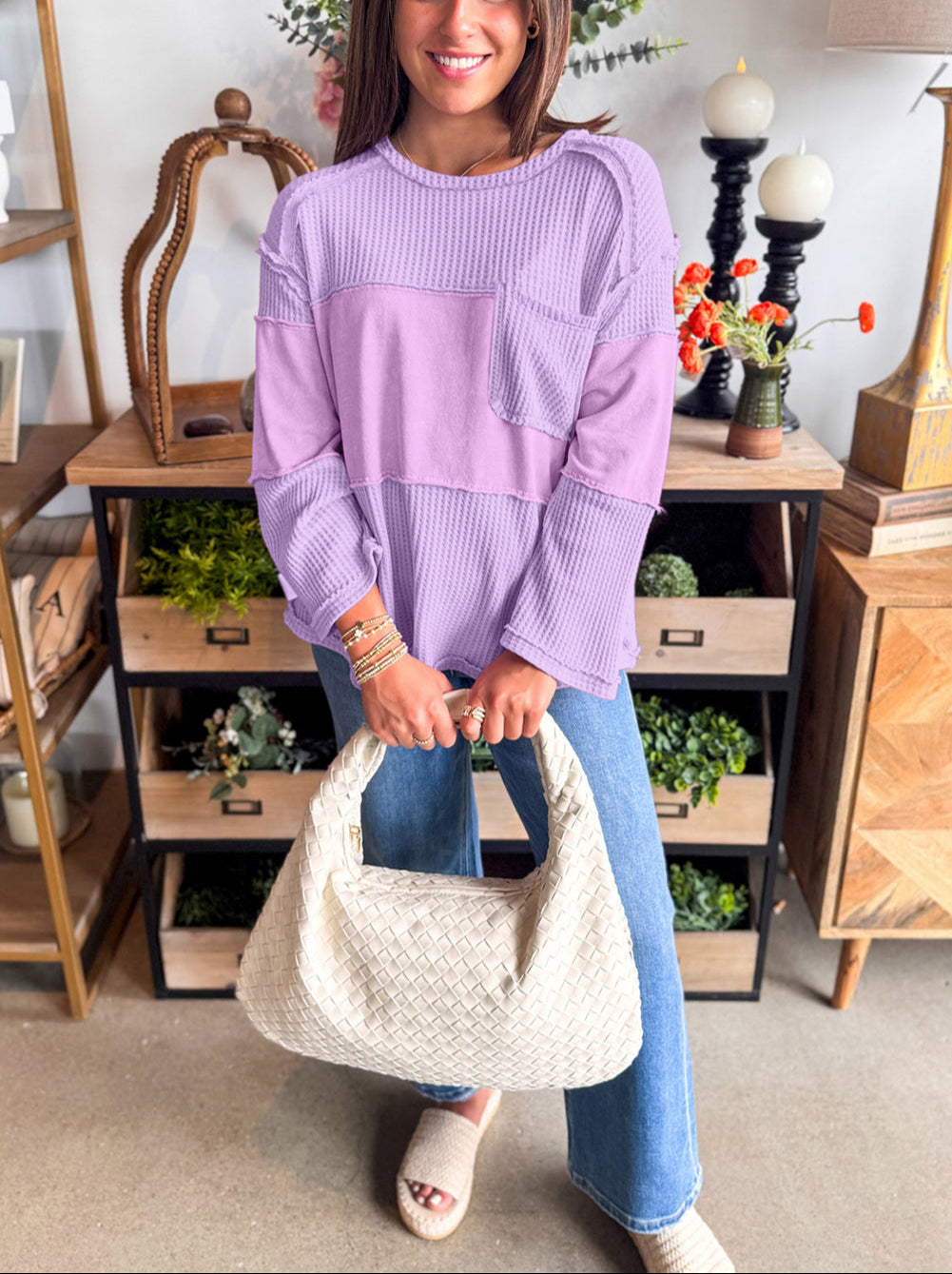 Phalaenopsis Thermal Knit Contrast Textured Patchwork Long Sleeve Top