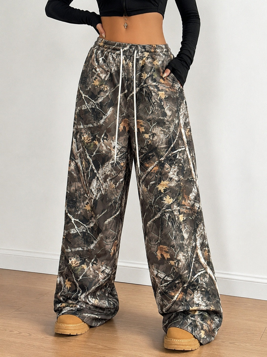 Abstract Branch Print Wide Leg Pants