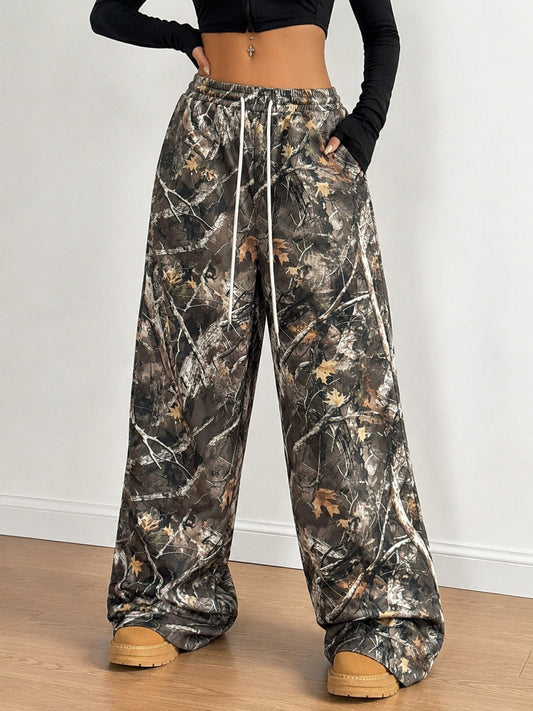 Abstract Branch Print Wide Leg Pants