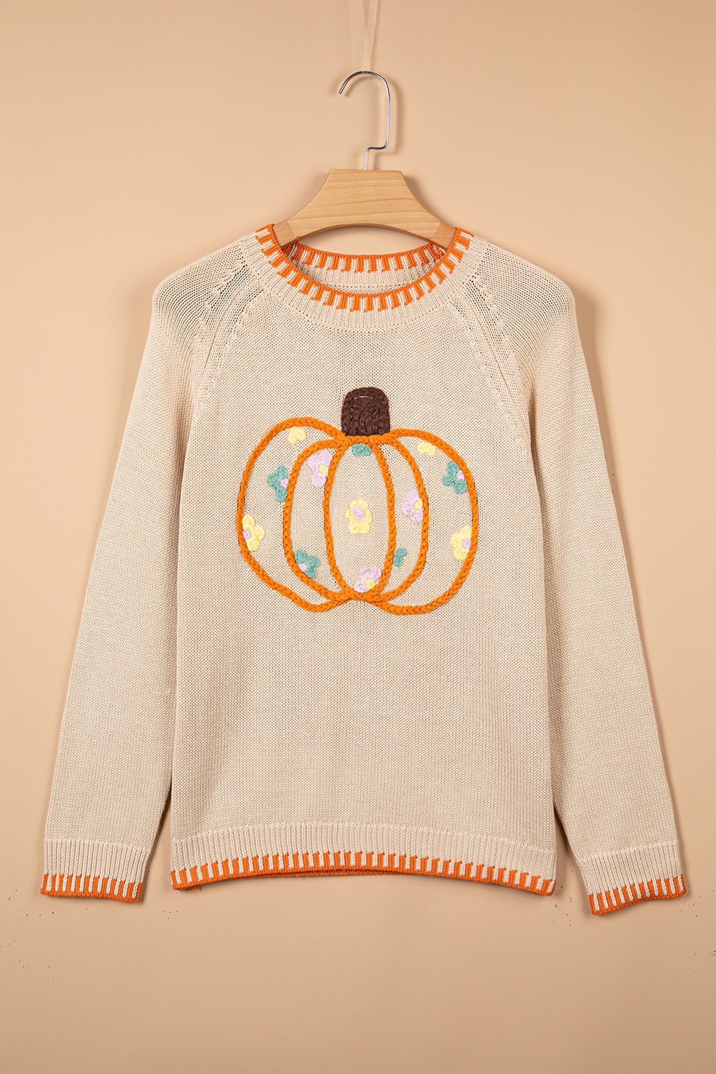 Parchment Floral Embroidery Pumpkin Long Sleeve Round Neck Sweater