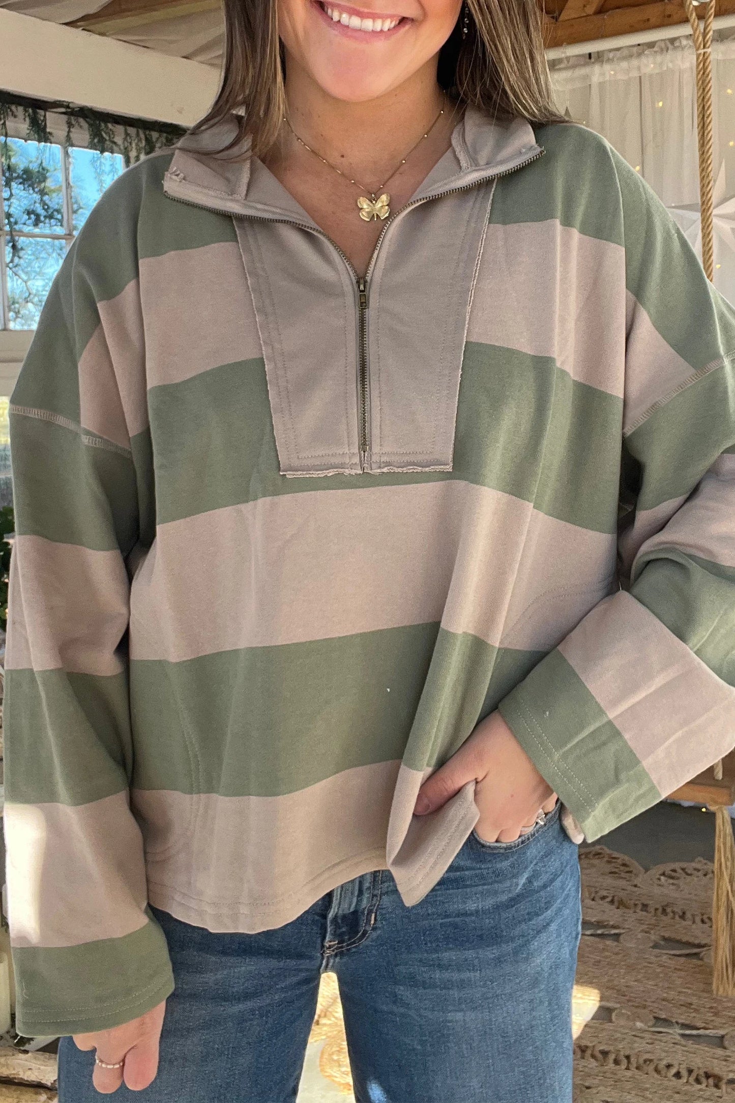 Striped Colorblock Zipper Pullover Long Sleeve Loose Top
