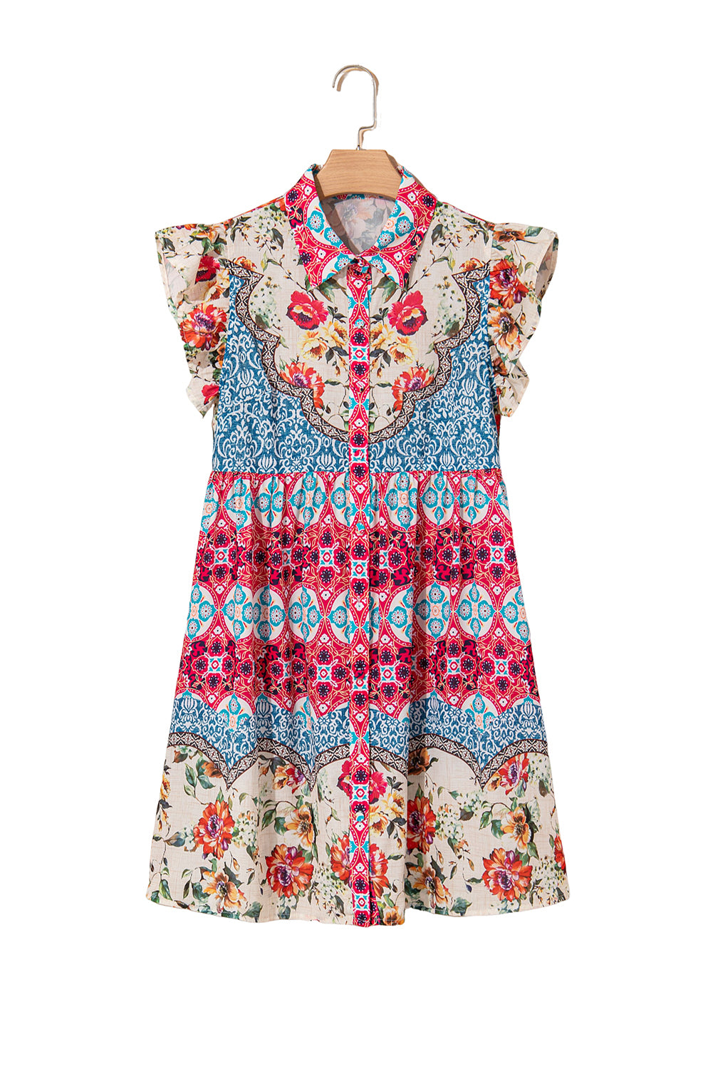 Rose Floral Mixed Pattern Ruffle Flutter Sleeve Buttoned Dress