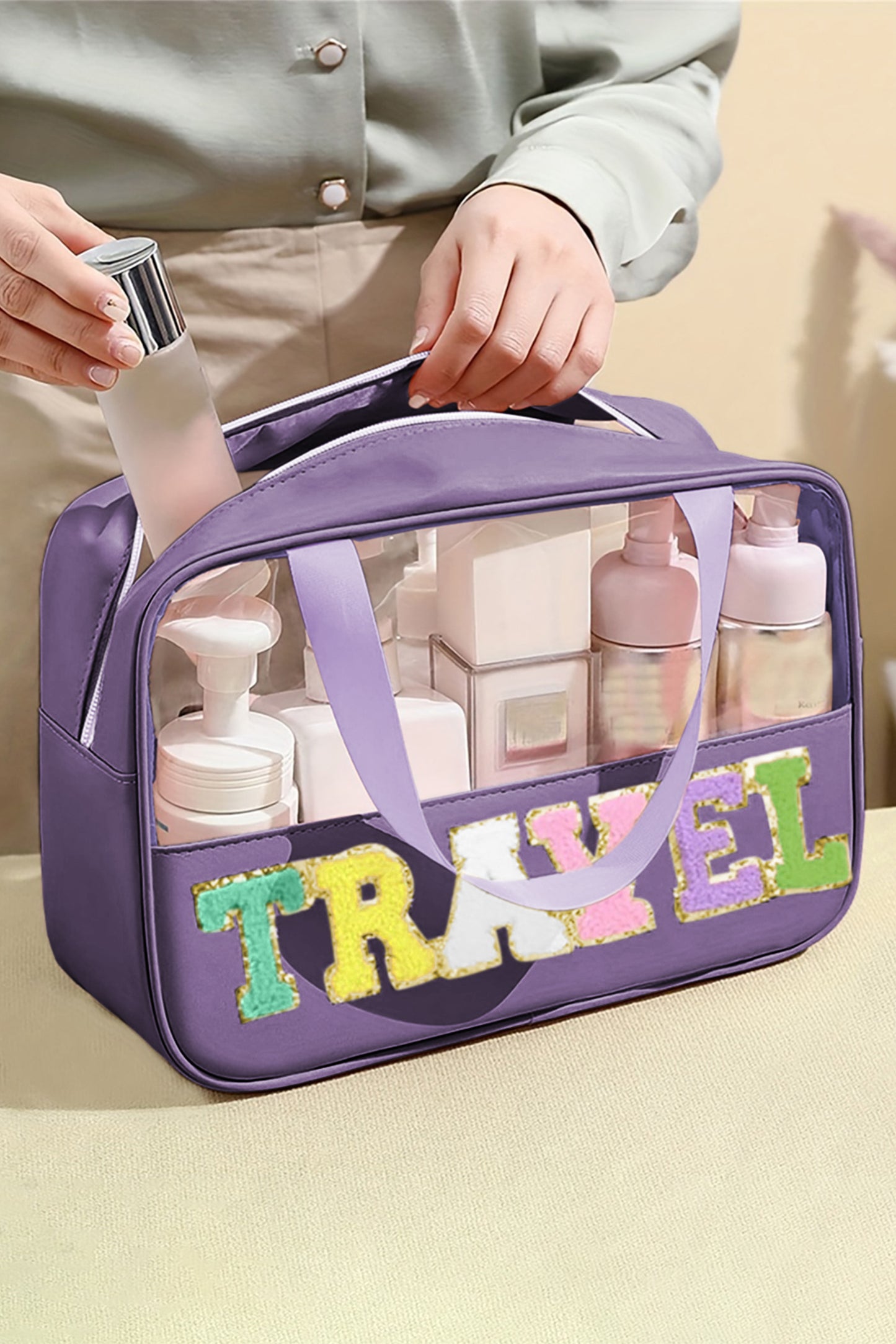 Parchment TRAVEL Chenille Letter Clear PVC Makeup Bag