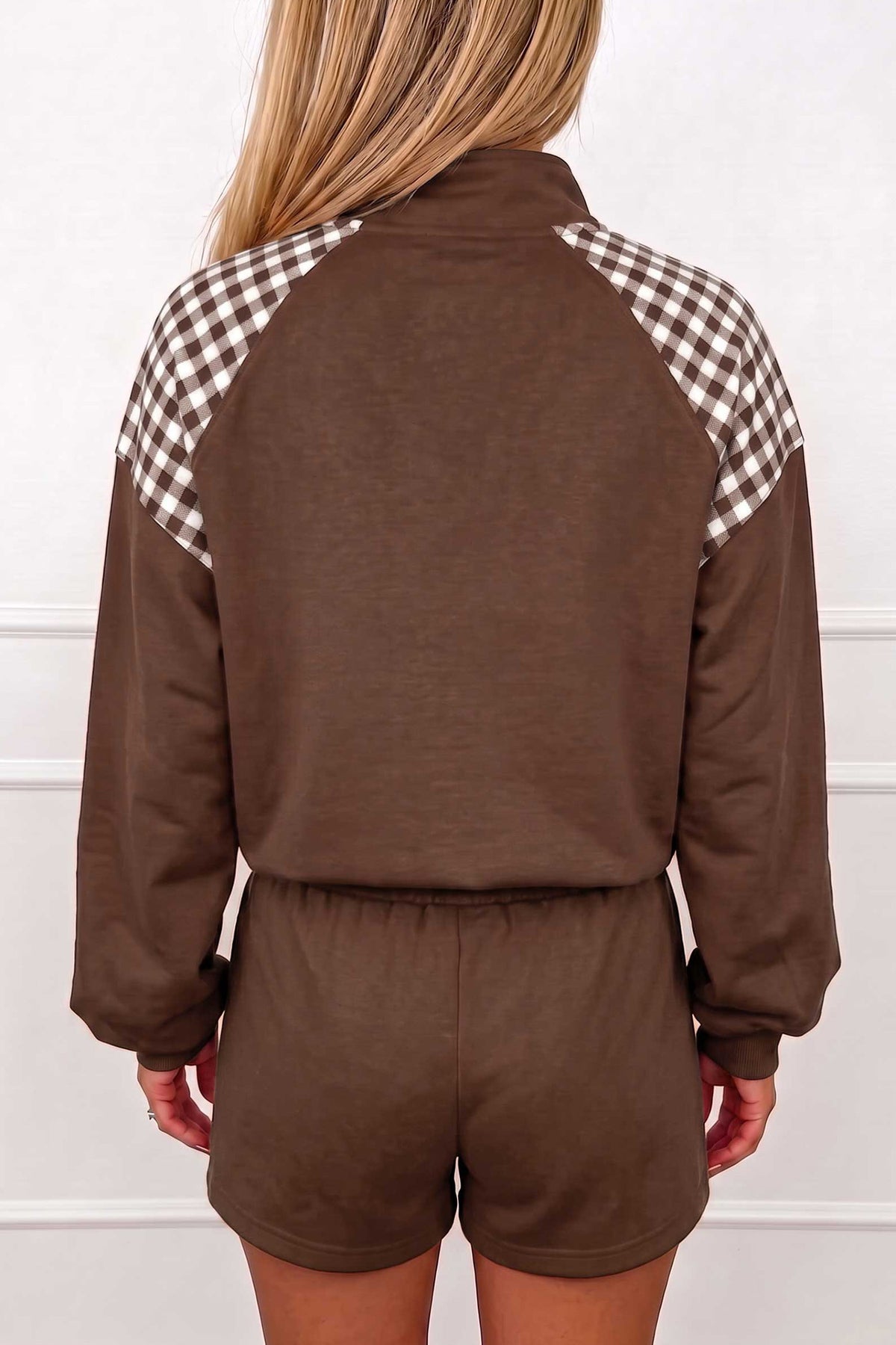 Fiery Red Plaid Patchwork Half Zip Pullover Drawstring Short Set