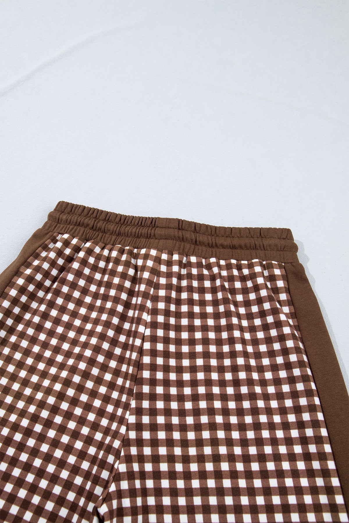 Khaki Color Block Plaid Patchwork Long Sleeve Pullover Wide Leg Pant Set