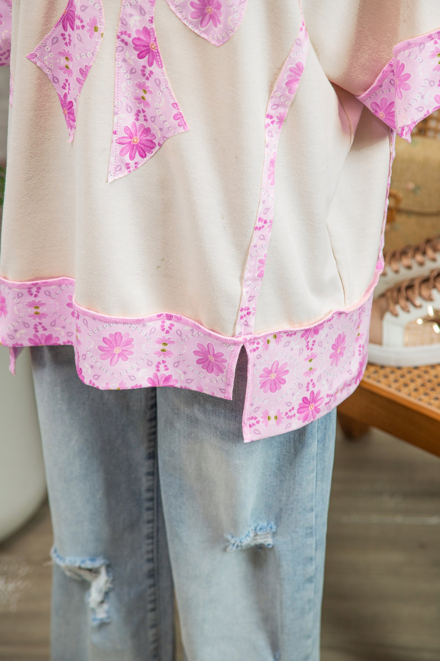 Floral Bow Patchwork Tee Oversized Boutique Casual Top