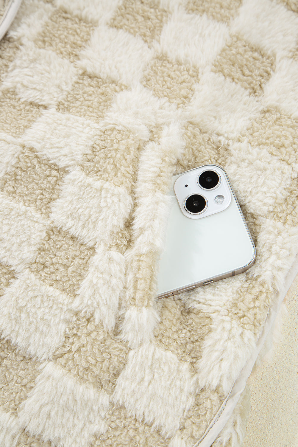 Khaki Sherpa Checkerboard Snap Button Vest Jacket With Pocket