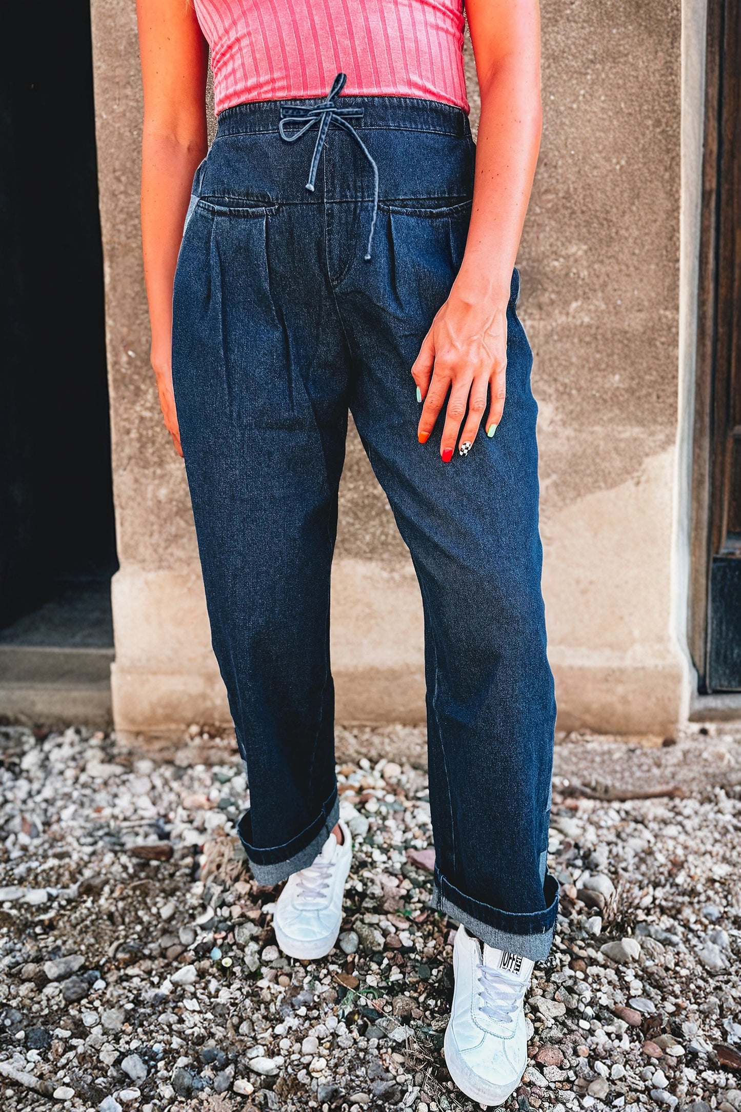 Sail Blue Checkered Side Panel Patchwork Drawstring Loose Denim Pants