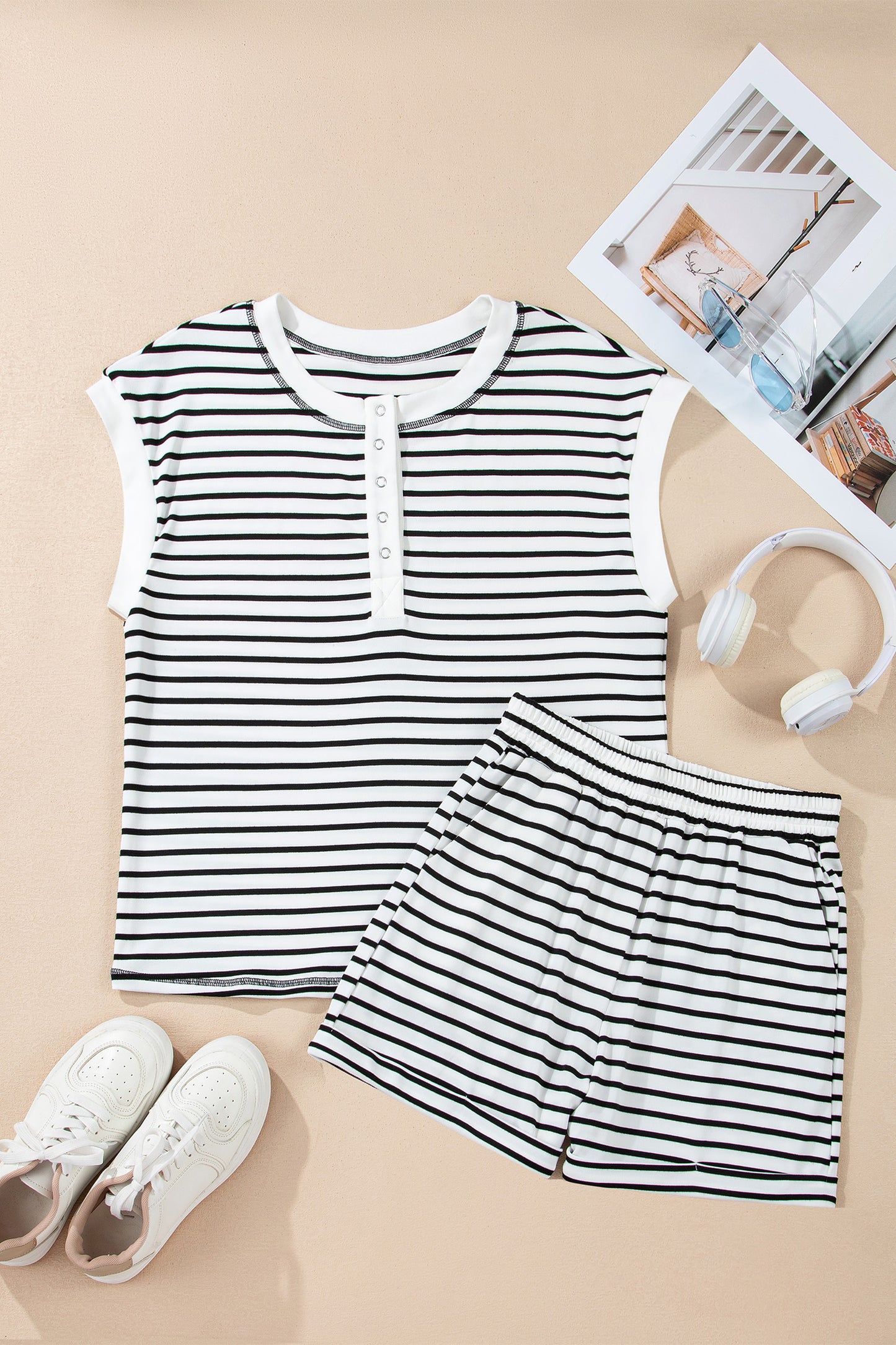 Brown Stripe Half Buttons Top and Shorts Set