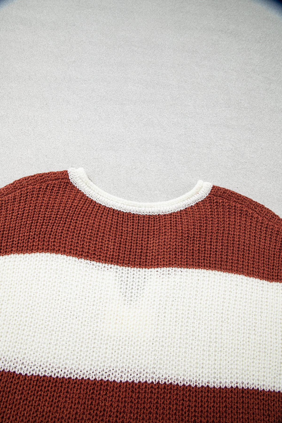 Blue Stripe Striped Colorblock Knit V Neck Short Sleeve Loose Sweater