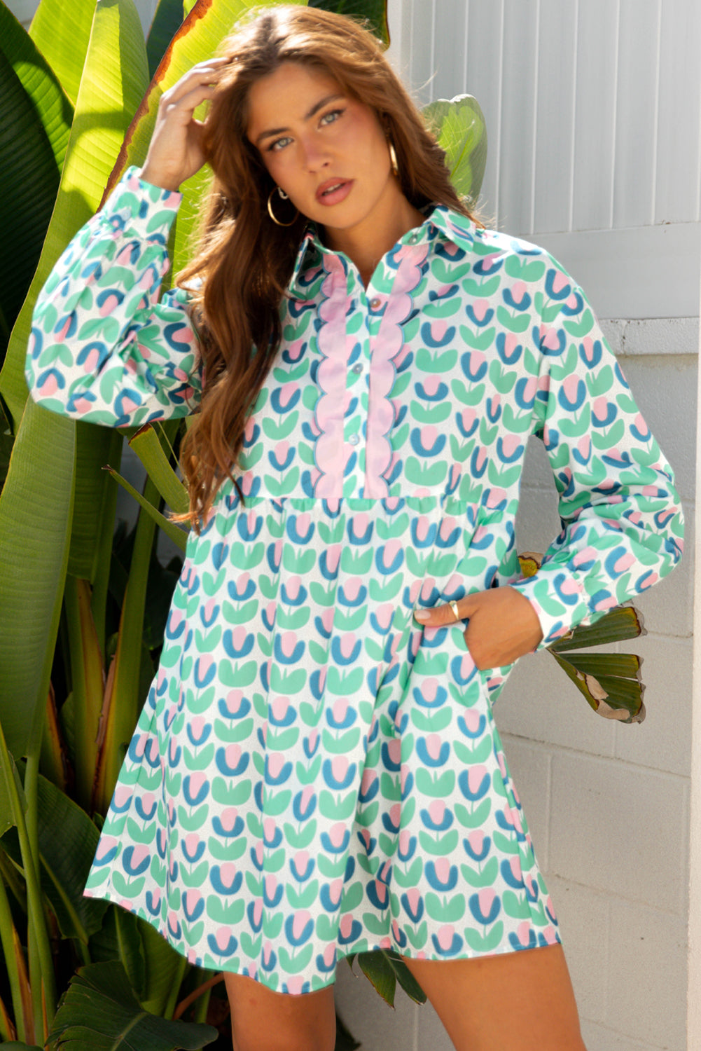 Green Floral Print Notched Neck Scalloped Detail Long Sleeve Mini Dress