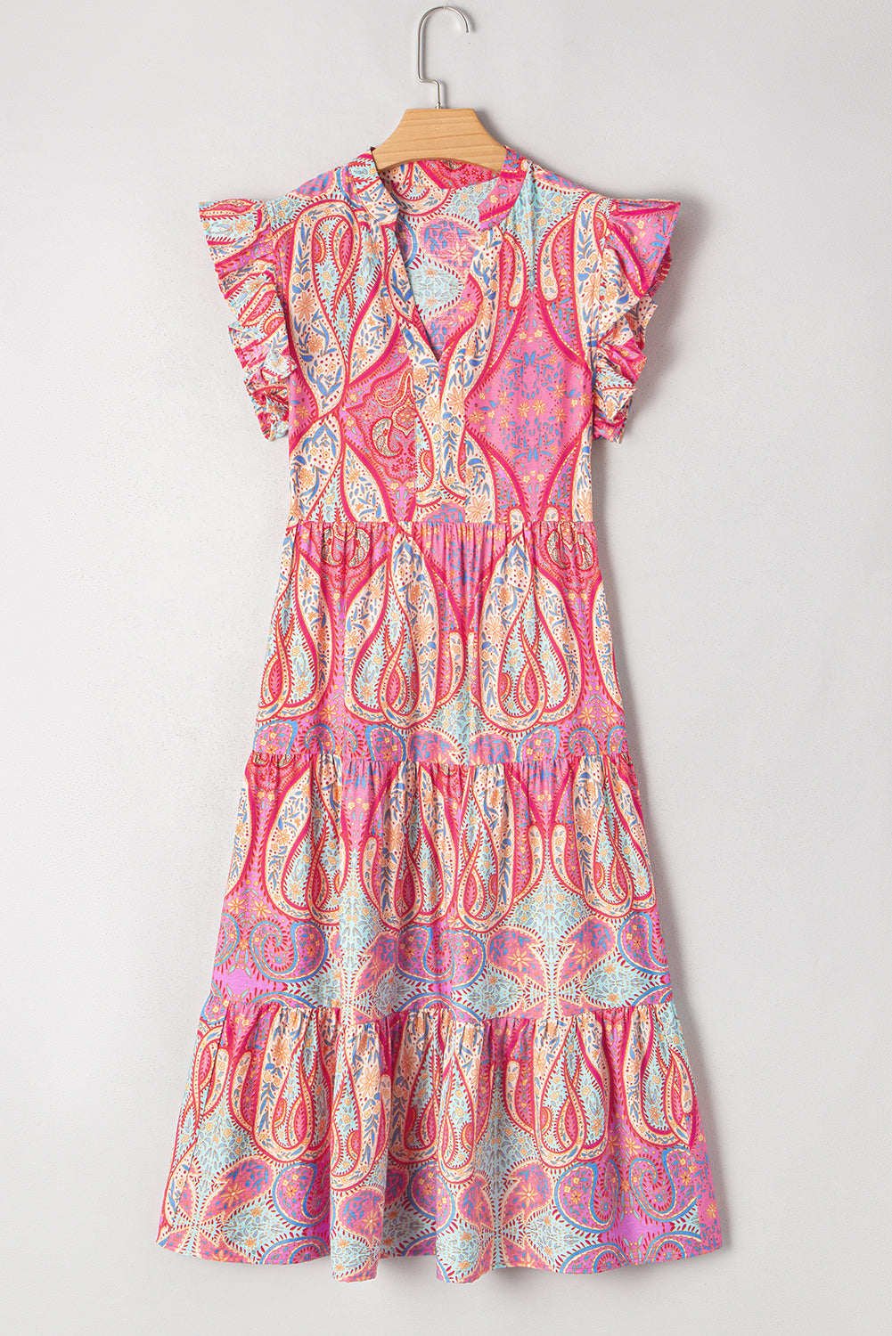 Rose Tribal Paisley Print Ruffled Sleeve Notch Neck Midi Dress