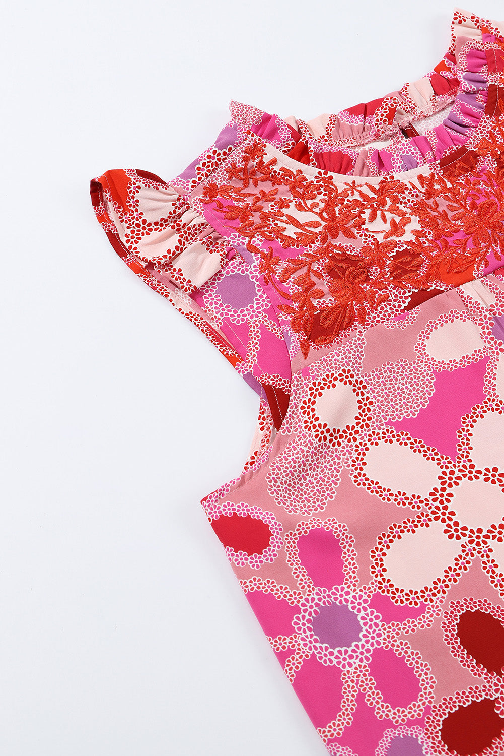 Embroidered Detail Floral Print Ruffle Trim Tank Top
