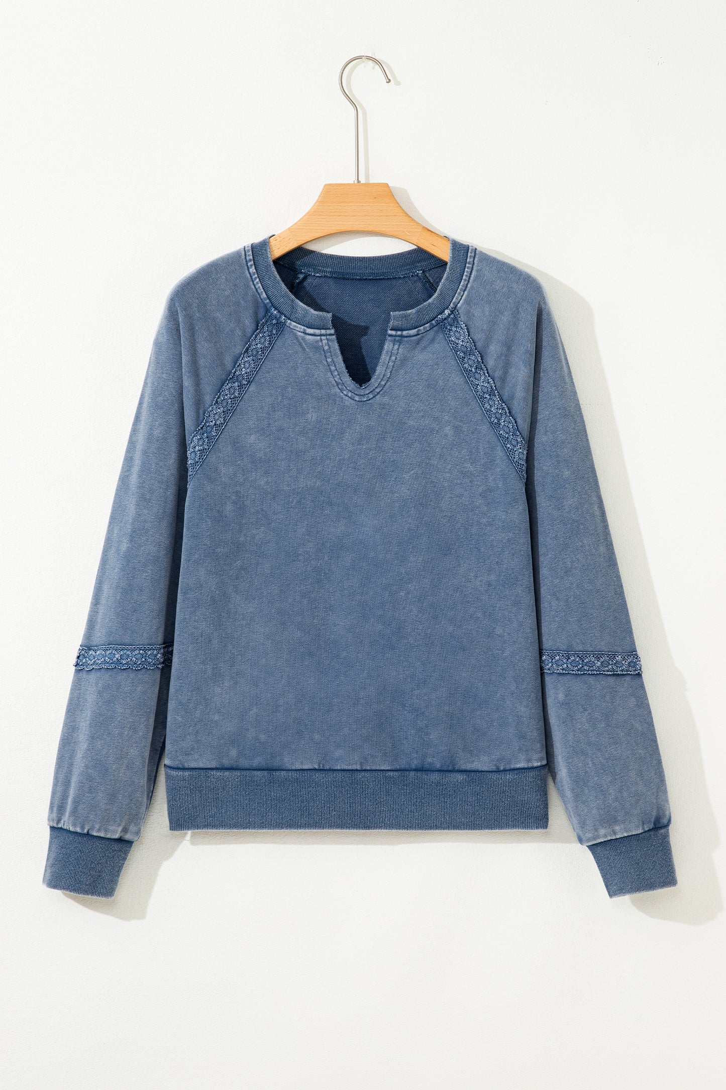 Lace Patchwork Detail Notched Neck Mineral Wash Baggy Sweatshirt